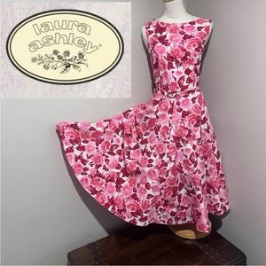 Vintage Laura Ashley Pink Red Rose cotton Dress UK 14  US 10 Romantic Date Night